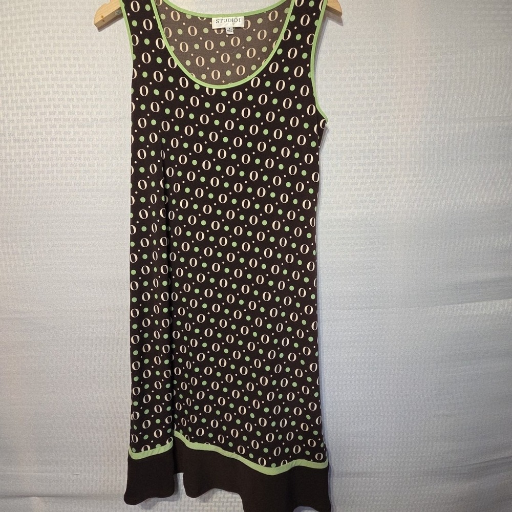 Studio I Womens Black Green Polka Dot Print Sleeveless A Line Mod Shift Dress